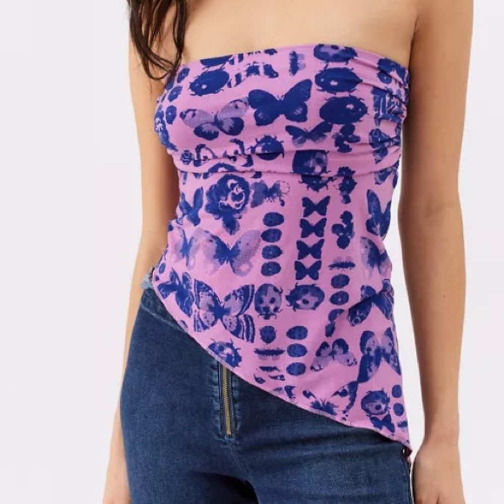 Urban Outfitters Purple Strapless Butterfly Print Asymmetrical Tube Top